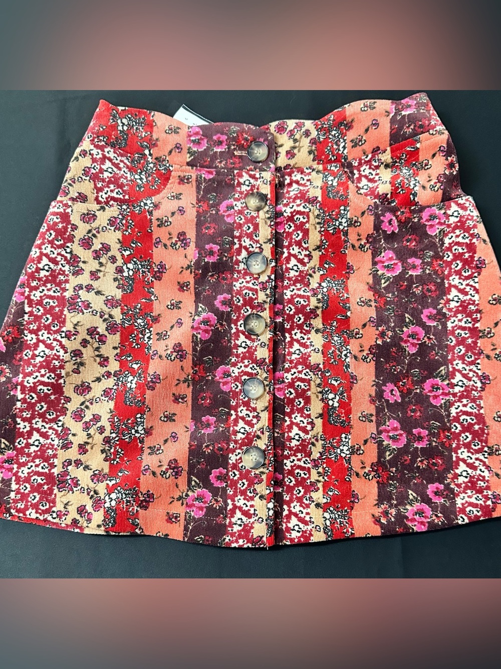 Floral Striped Button-Front Skirt in Red and Pink
